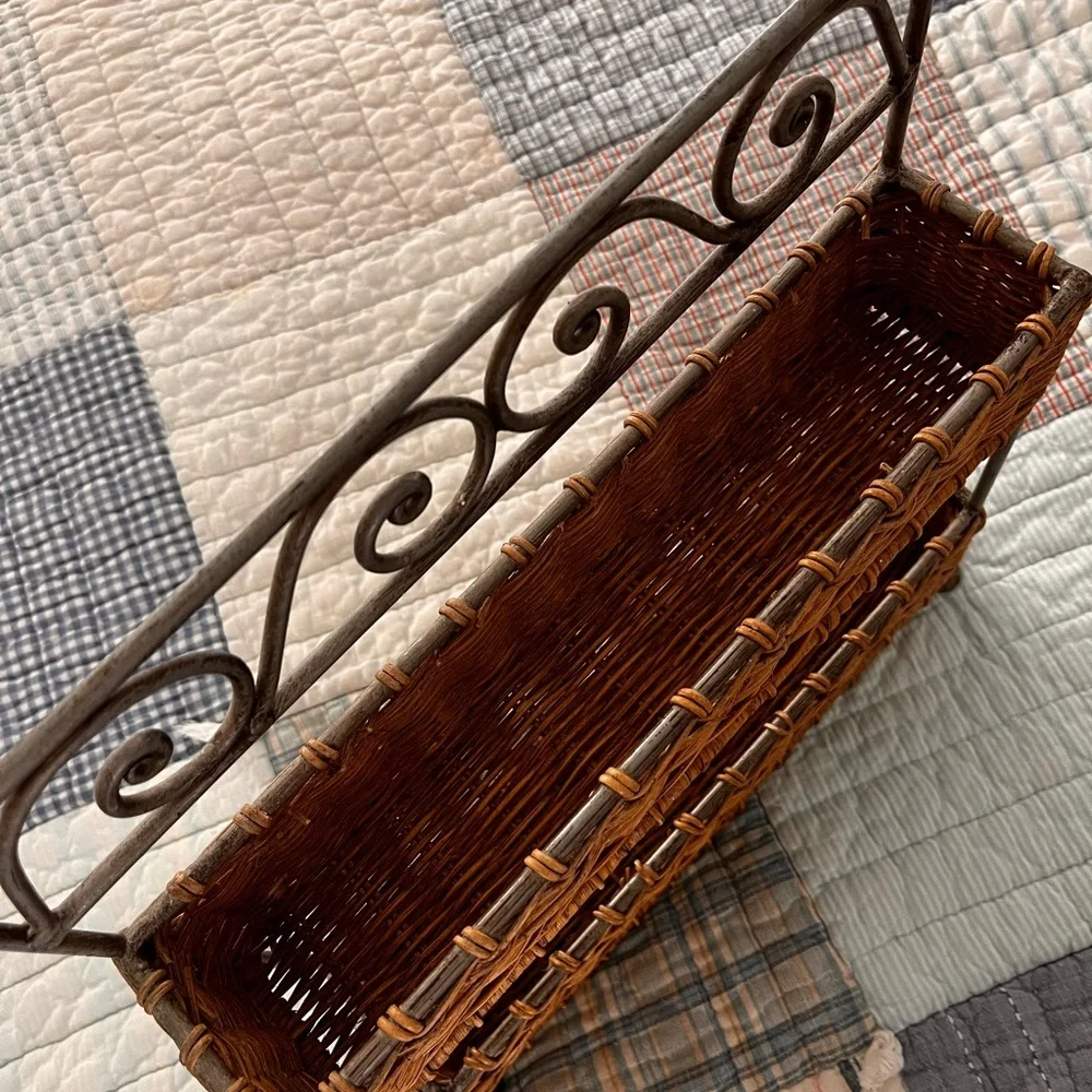 Two-Tier Wicker & Metal Basket Shelf – Farmhouse Organizer wrought iron